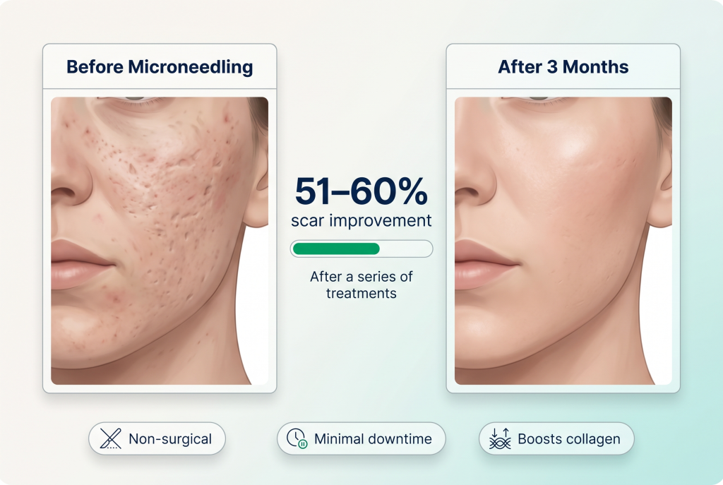 To understand microneedling’s efficacy, we look at clinical studies. These studies show consistent improvement in scar visibility, with 51-60% reduction in scar depth following a series of sessions over three months. This effectiveness is attributed to the skin's natural healing process stimulated by micro injuries. These tiny pricks prompt collagen production, a key protein in skin repair. Collagen induction therapy, as its sometimes called, leverages the body's natural repair mechanisms. Patients often report significant scar reduction and improved skin texture after multiple sessions.
