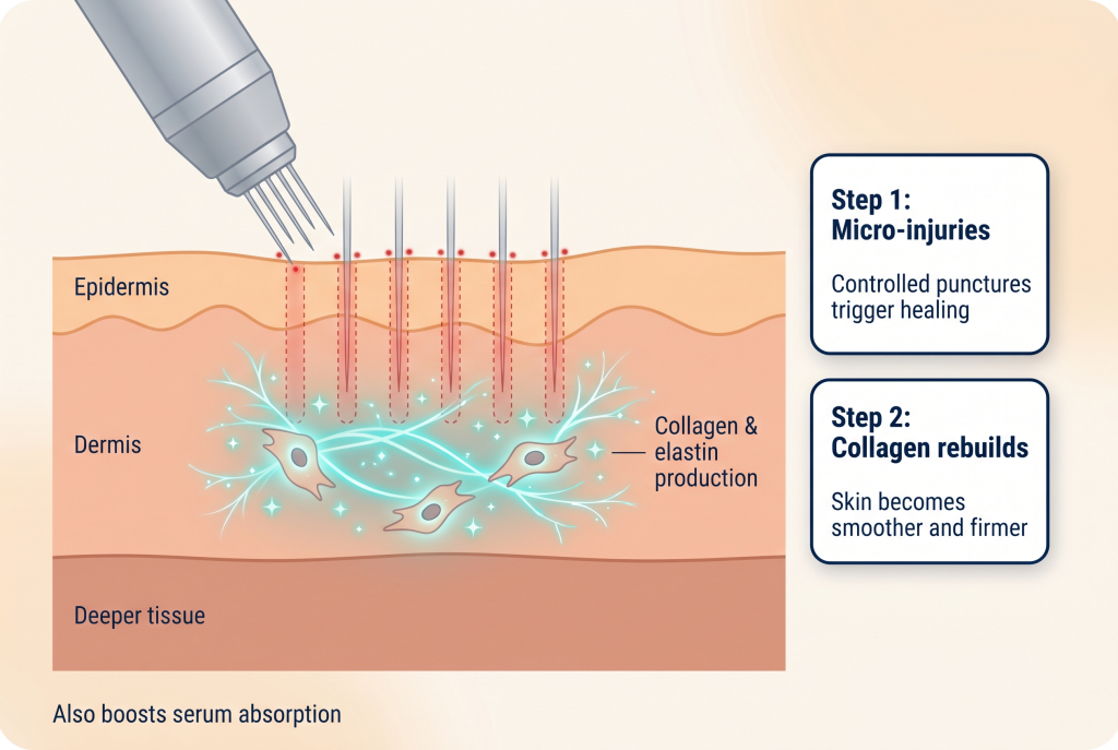 Microneedling treats acne scars by inducing collagen production, repairing skin at the cellular level for rejuvenation.