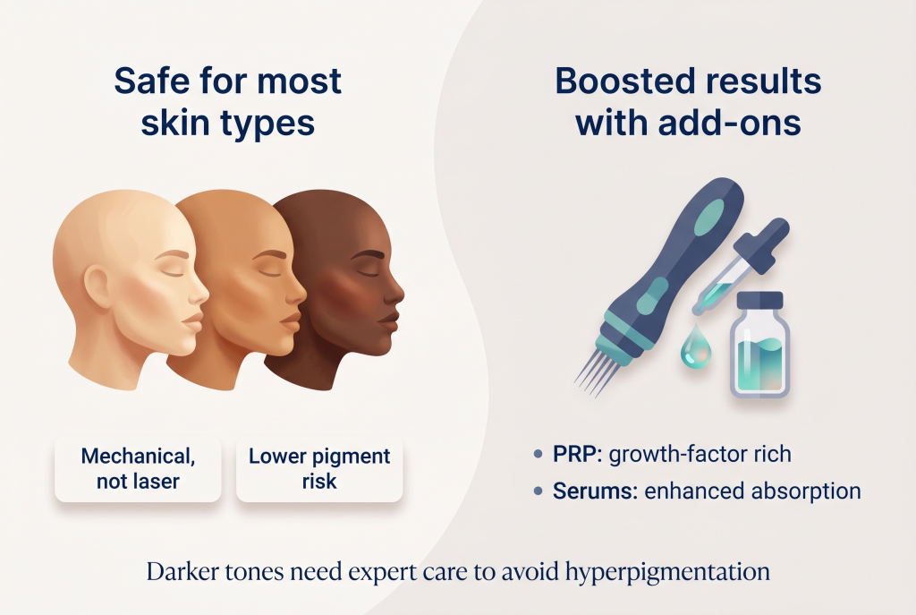 Atrophic scars, including boxcar and rolling scars, show the best improvement with microneedling treatments.
