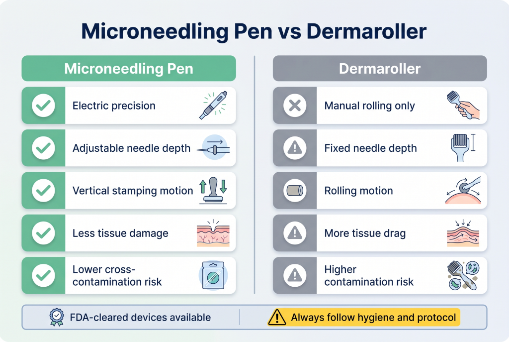 Microneedling pens differ from dermarollers by offering electric precision, adjustable depth, and reduced discomfort, ensuring more controlled and effective treatments.