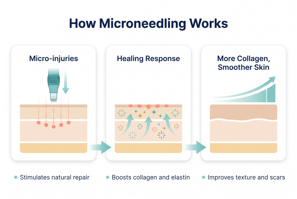 Microneedling pens create controlled micro-injuries in the skin to stimulate collagen production, aiding in skin renewal and texture improvement.