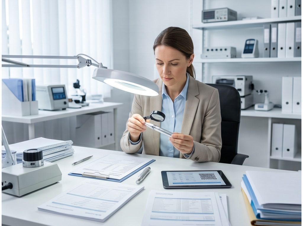 quality specialist checking microneedling device documents and batch traceability