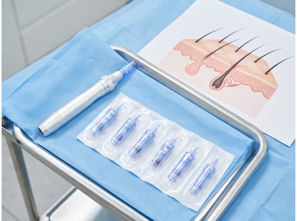 microneedling pen and sealed cartridges for professional scalp services