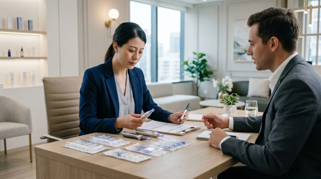 clinic manager evaluating wholesale microneedling supplies with a supplier