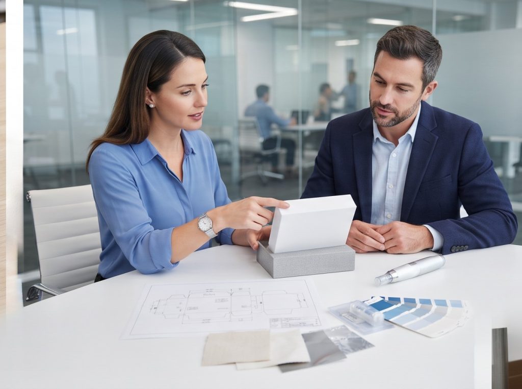 buyer reviewing a private label packaging prototype and materials