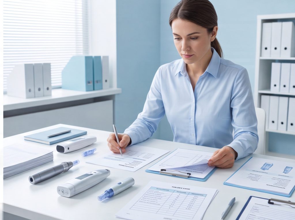 clinic purchasing manager comparing professional microneedling pen wholesale options